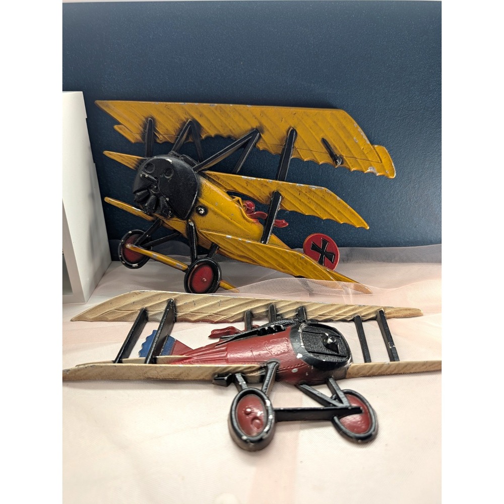 HOMCO USA Metal Biplane Wall Plaque Lot of 2 Yellow & Red Airplane Decor